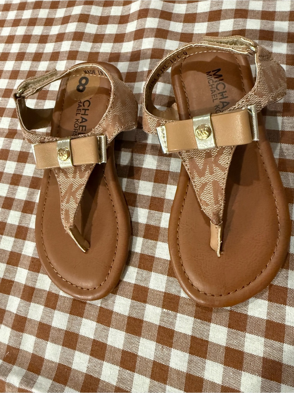 Michael Kors Girls' Brown Logo T-Strap Sandals with Gold Accent
